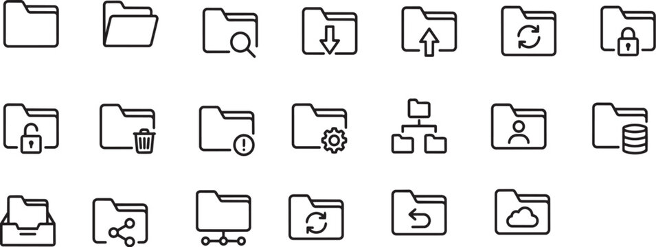 Black and white line icons of various file folders and documents