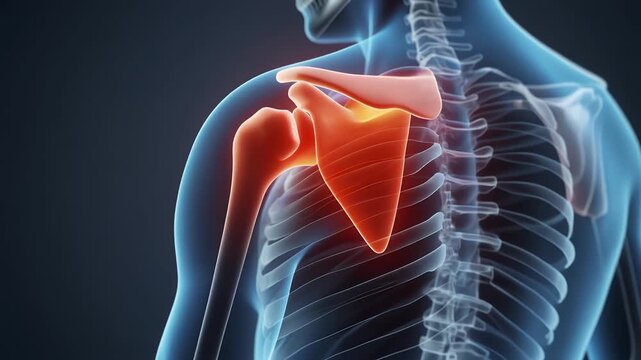 Human skeleton with highlighted scapula and shoulder bones in medical illustration