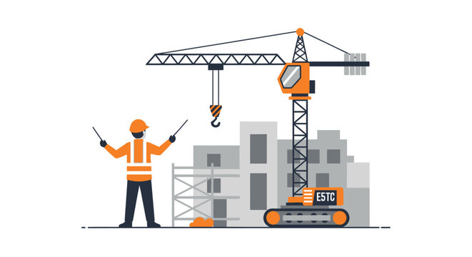 Construction Worker Directing Tower Crane at Building Site Vector Illustration