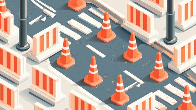 Construction Zone Traffic Cones and Barricades on Road.