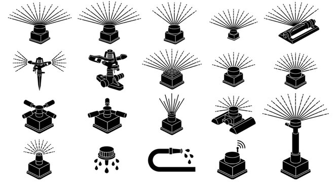 Garden sprinkler icons black silhouette set for lawn irrigation, Various types of agricultural and garden water sprinklers, irrigation systems, hoses, and spray nozzles on a white background