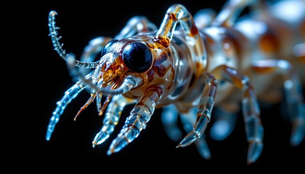 The image features a close up view of a small, segmented arthropod with an elongated body and multiple jointed legs