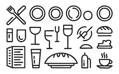 Fototapeta premium Outline icons set of kitchen utensils and dishes on transparent background. food and drink.