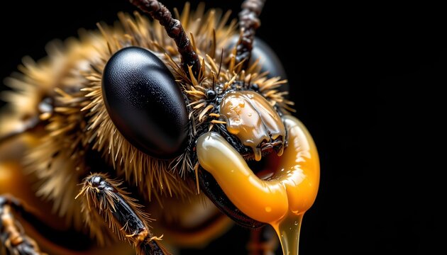The image shows a close up view of a bee's head, highlighting the intricate details of its body. The bee's large, black compound eye is prominently visible, along with its fuzzy, thread like antennae