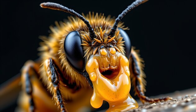 A close up image of a bee captures its detailed facial features, including large, glossy eyes, furry antennae, and a mouth with a yellow, gooey substance dripping from it