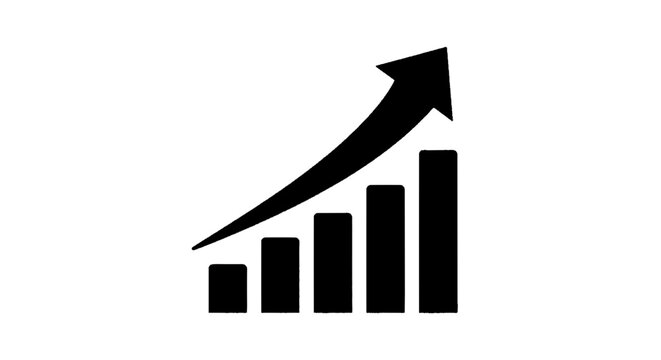 Minimal black silhouette icon, simple flat vector, bold black shape, no, no shading bar chart icon with upward arrow showing growth and business success on a, flat icon style