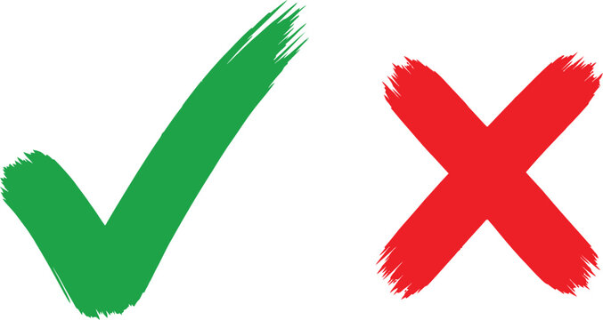 Hand drawn green check mark and red x mark brush stroke symbols for choice and survey
