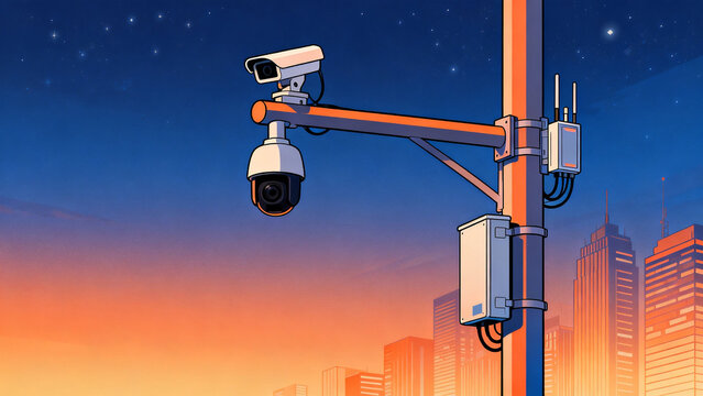 Security cameras mounted on a pole against a city skyline at dusk