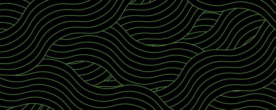 Abstract background featuring overlapping neon green wavy lines on a black backdrop. Modern minimalist design with a rhythmic, fluid pattern inspired by liquid or digital flow.