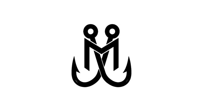 Minimal black silhouette icon, simple flat vector, bold black shape, no, no shading monogram logo design letter m combined with two fishing hooks on a, flat icon style