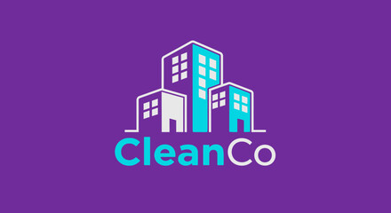 Fototapeta premium Modern business logo icon with stylized blue and white city buildings on a deep purple background, perfect for a professional cleaning or property management company identity