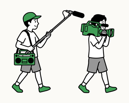 Film crew walking vector illustration. Videographer with video camera and sound recordist holding boom microphone and radio recorder isolated on white background.