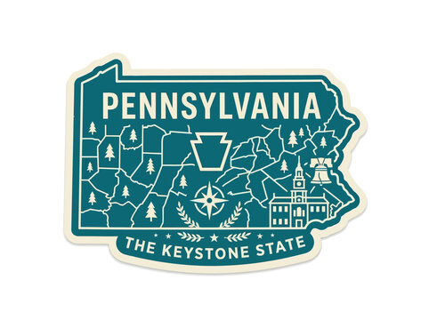 Pennsylvania map illustration as a vintage-style sticker, featuring historical landmarks, trees, and 'The Keystone State' motto for travel.