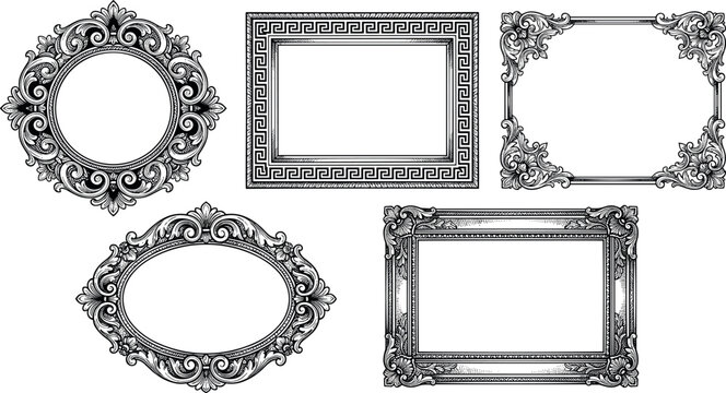Vintage Baroque Picture Frame Vector Set Featuring Black Ornate Borders Classical Greek Key Patterns Filigree Scrollwork and Elegant Antique Luxury Corner Borders
