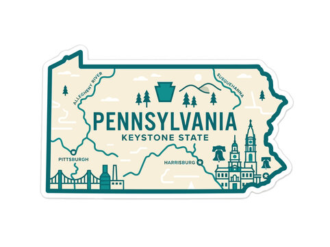 Stylized map illustration of Pennsylvania, highlighting iconic landmarks, cities, and natural features, celebrating the Keystone State.