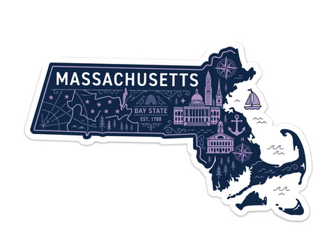 Stylized Massachusetts state map illustration featuring iconic landmarks and symbols, perfect for travel souvenirs and regional pride.