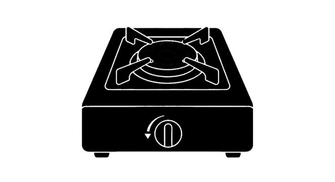 Minimal black silhouette icon, simple flat vector, bold black shape, no, no shading gas stove with a control knob for cooking on a, flat icon style