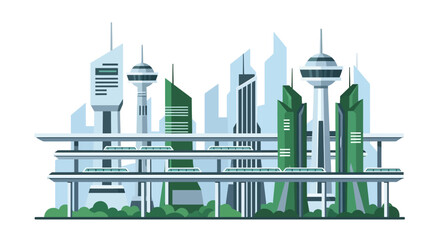 Obraz premium Futuristic Sustainable Smart City Illustration with High-Speed Monorail and Green Architecture on White Background