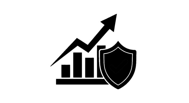 Minimal black silhouette icon, simple flat vector, bold black shape, no, no shading bar chart with rising arrow and shield icon with check mark on a, flat icon style