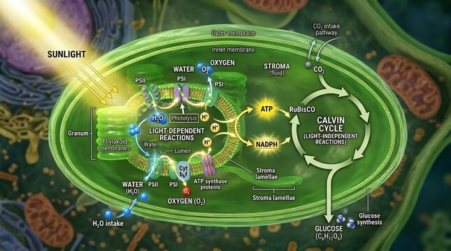 Detailed Diagram of Photosynthesis Process within a Chloroplast.