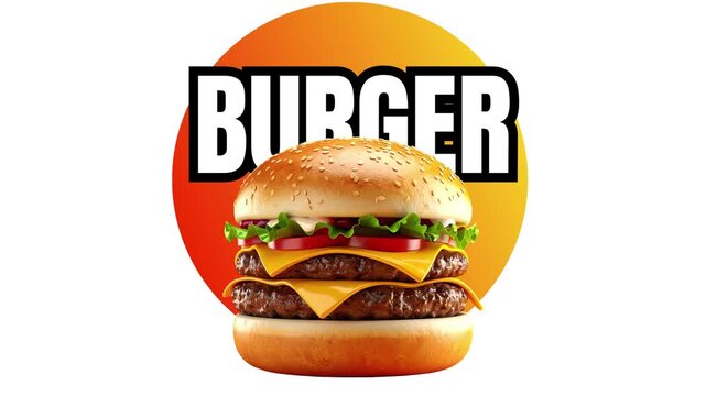 A large cheeseburger with two beef patties on an orange background
