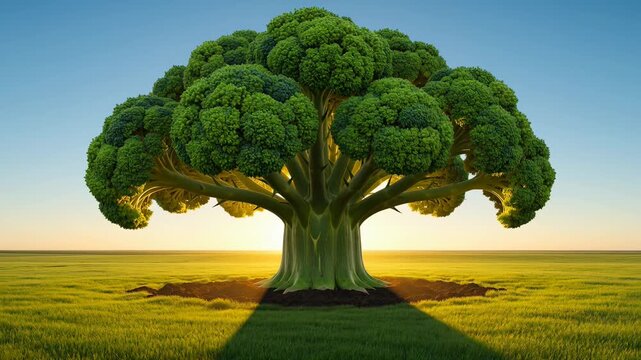 Surreal giant broccoli tree growing from a vibrant green field during a stunning sunset, symbolizing healthy food, organic farming, vegetarian diet, and sustainable agriculture