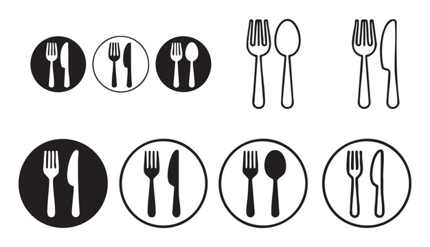 Cutlery icons with circles fork spoon knife line art and silhouette on transparent.