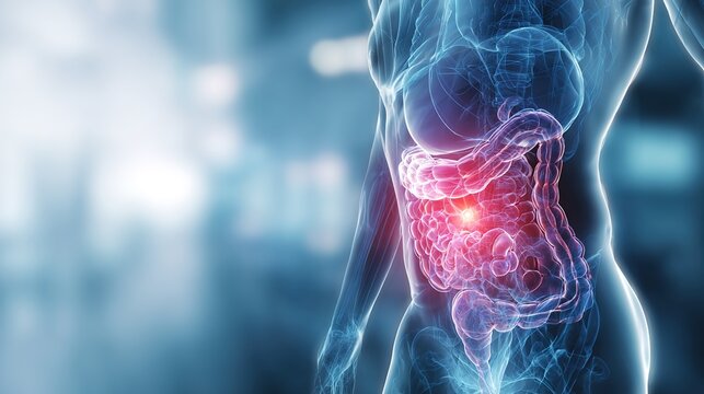 Realistic 3D anatomical visualization of acute appendicitis presenting swollen inflamed appendix inside human abdominal cavity, revealing digestive tract lesions and inflammatory changes, 