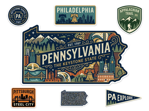Illustrated collection of Pennsylvania travel stickers featuring iconic state landmarks, diverse cities, and natural beauty for exploration