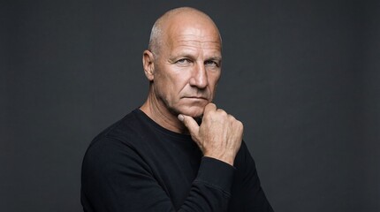 Obraz premium Senior Caucasian man with bald head and beard, wearing a black sweater, poses thoughtfully against a dark background.