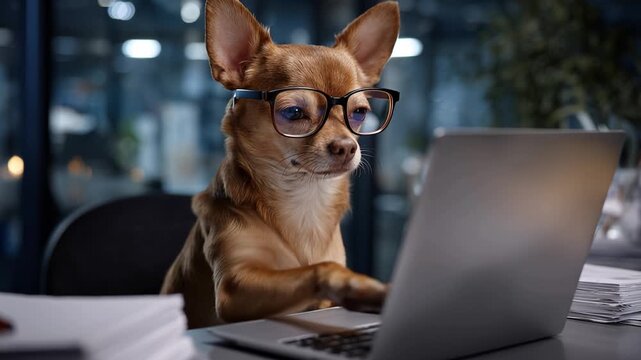 Chihuahua sits attentively at desk