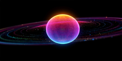 An illustration of the sun as a glowing ball of plasma and energy, illuminating Earth and other planets in the deep blue space of our night universe © pixel park