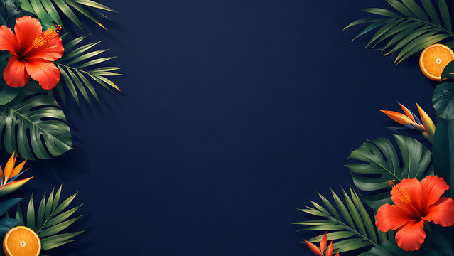 Vibrant tropical leaves and flowers on a dark blue background, perfect for summer promotions