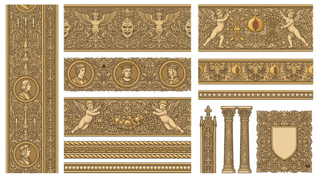 Spanish Plateresque Silversmith Architecture Border Frame Vector Set with Candelabra Portrait Roundel Grotesque Mask Pomegranate Heraldic Yoke Arrows and Dense Fill Design