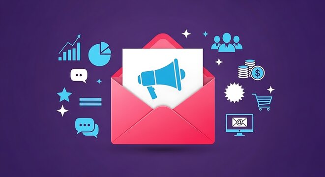 A pink envelope opens to reveal a megaphone on a white background surrounded by various blue icons on a purple background.