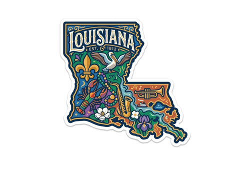 Artistic illustration of Louisiana state map, showcasing vibrant cultural symbols, diverse wildlife, and musical heritage in a charming travel sticker design.