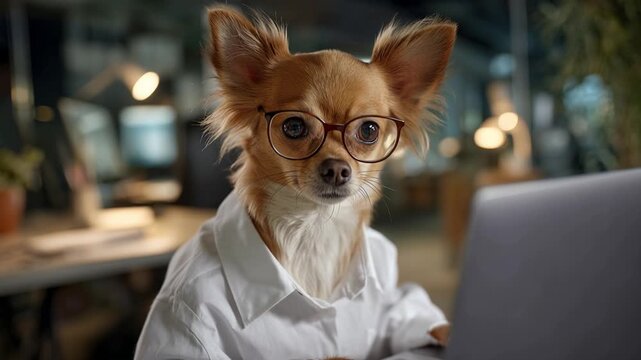 Chihuahua wears glasses and a shirt