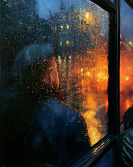 Fototapeta premium Rainy Night Cityscape: Moody Urban Reflections and Blurred City Lights in an Atmospheric & Cozy Urban Landscape