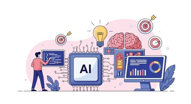 Artificial intelligence development concept featuring a programmer working with a computer brain and high tech chip for data processing.