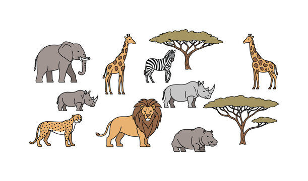 Collection of African safari animals and acacia trees in a simple flat design style