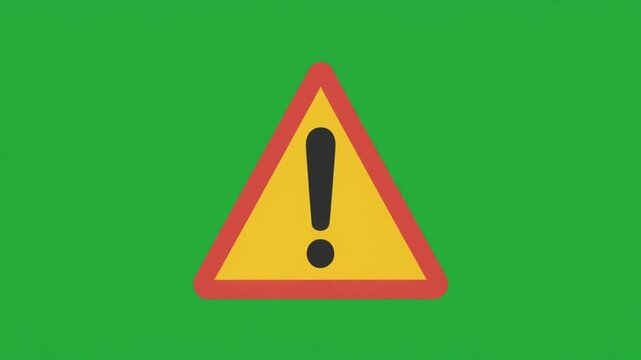A yellow warning triangle icon with a black exclamation mark in the center, vector illustration on a green background
