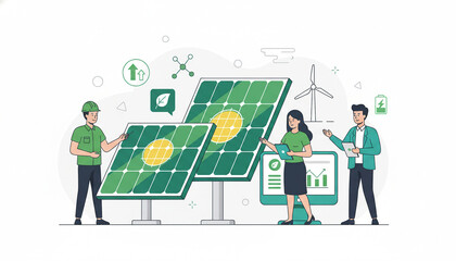 Naklejka premium Renewable Solar Energy Engineering Flat Vector Illustration - Sustainable Green Tech Team and Wind Turbine Concept