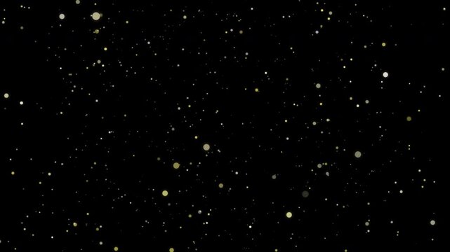 Golden particles are flowing in the air. Transparent background, alpha channel. Overlay video. Loop animation. Abstract dust particles, glitters, sparkles flying across the entire screen.
