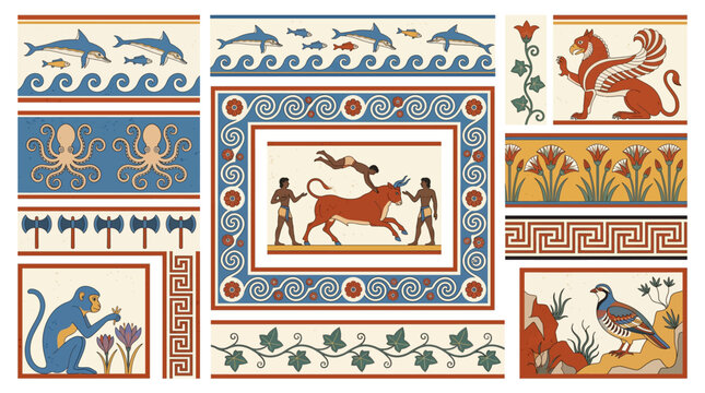 Minoan Cretan Palace Fresco Border Frame Vector Set with Bull Leaping Dolphin Marine Wave Octopus Lily Partridge Blue Monkey Double Axe Labyrinth and Aegean Design