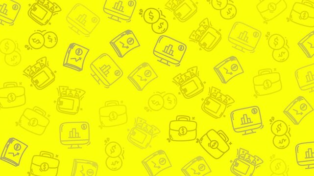 Bright yellow background with doodle-style finance icons. Money, briefcases, graphs, and calculators appear scattered. Icons suggest business, finance, and economic themes