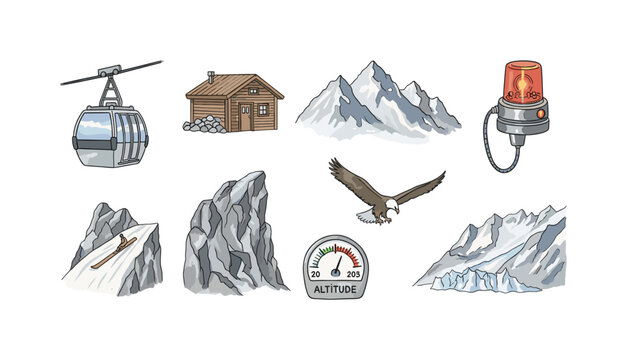 Collection of mountain and winter sport elements with eagle and altitude meter
