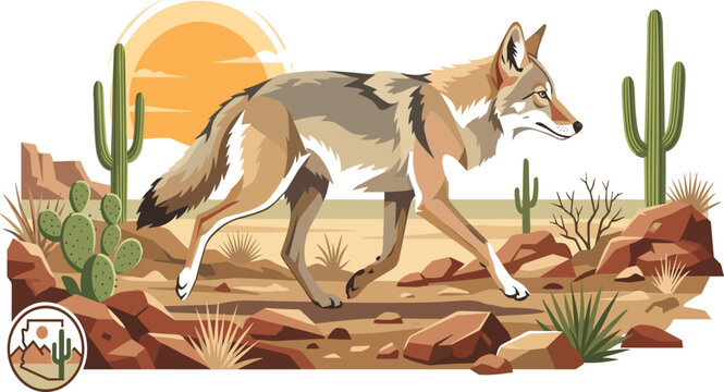Coyote walking through rocky desert landscape with cactus plants sunset and arid vegetation flat vector illustration for wildlife design
