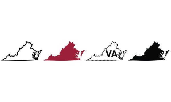 Virginia state map outlines in various colors and styles for design use
