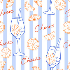 Obraz premium Seamless pattern with hand drawn cocktails and orange slices on striped background. Hand drawn linear vector wallpaper with word cheers
