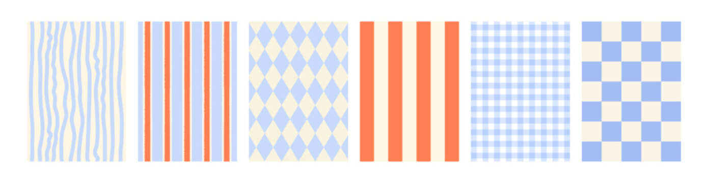 Set of abstract geometric vector backgrounds. Checkered and striped templates for posters, greeting cards and invitations. Groovy retro style